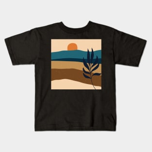 Contemporary abstract mountains and hills landscape with leaves branch digital design illustration Kids T-Shirt